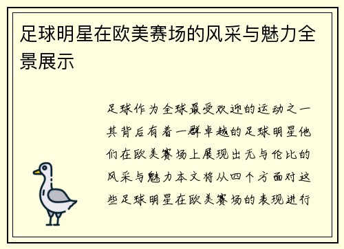 足球明星在欧美赛场的风采与魅力全景展示